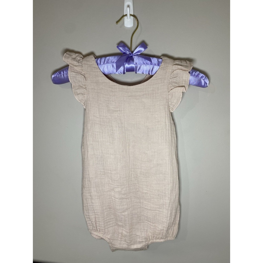 Baby Girls Cream Linen Romper with Ruffle Sleeves